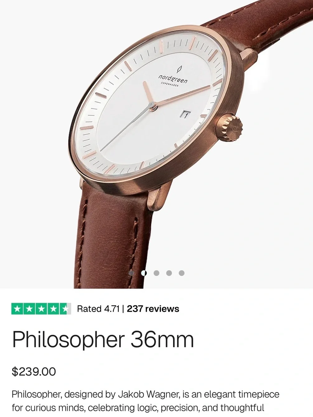 Nordgreen 36mm Rose Gold Case with Brown Leather Strap